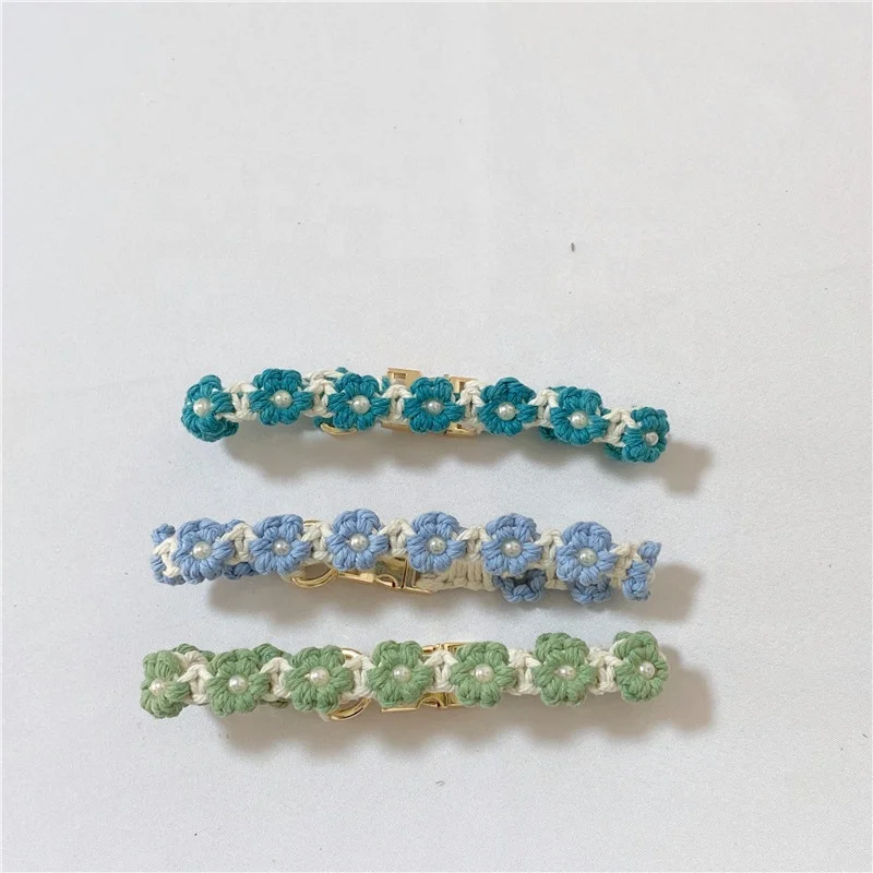 With metal round label macrame flower cat collar cotton rope pearl beaded wedding collar with heavy duty metal clasp