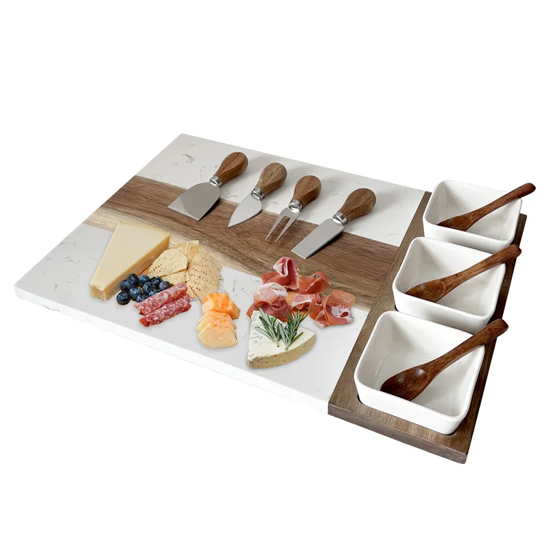 Acacia Wood and Marble Charcuterie Cheese Board Cutting Serving Board with Knife Fork Set and 3pcs Ceramic Bowl