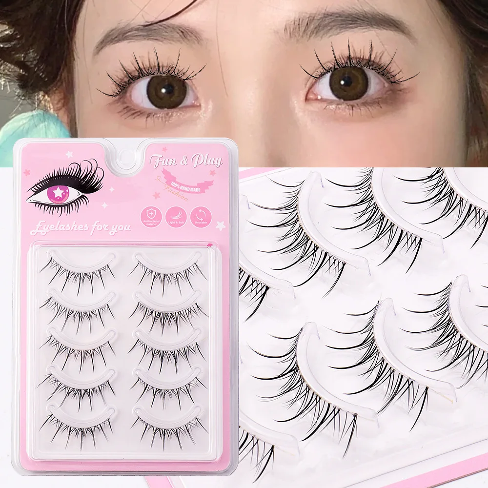 New Style 5 pairs of natural false eyelashes transparent stem long anime lashes full strip eyelashes