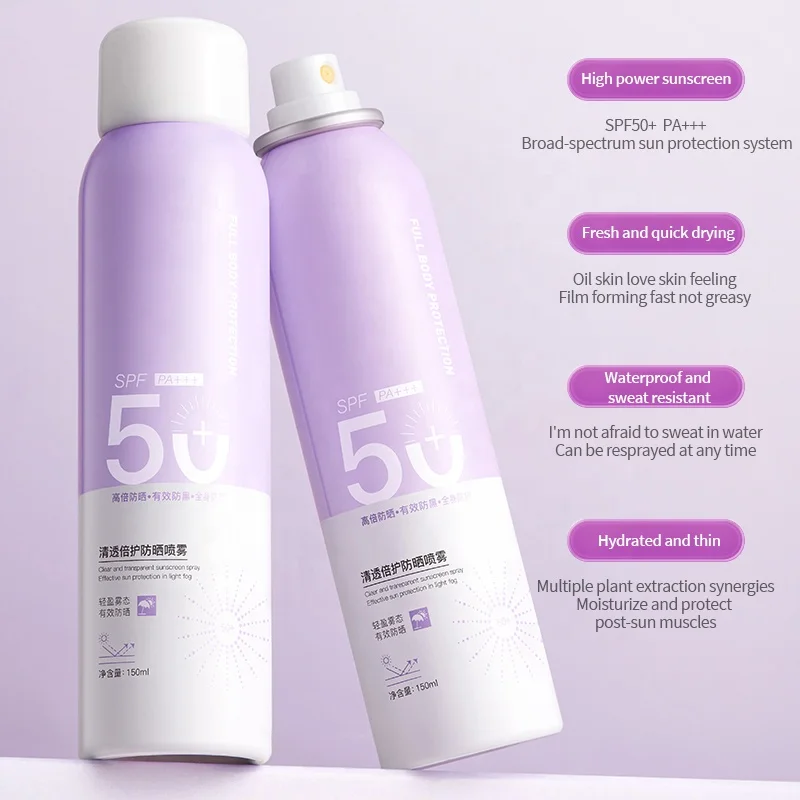 Оптовая продажа OEM Sport SPF 50 Солнцезащитный спрей 150 мл/5 унций водостойкий широкий спектр невесомый увлажнение прозрачный солнцезащитный крем