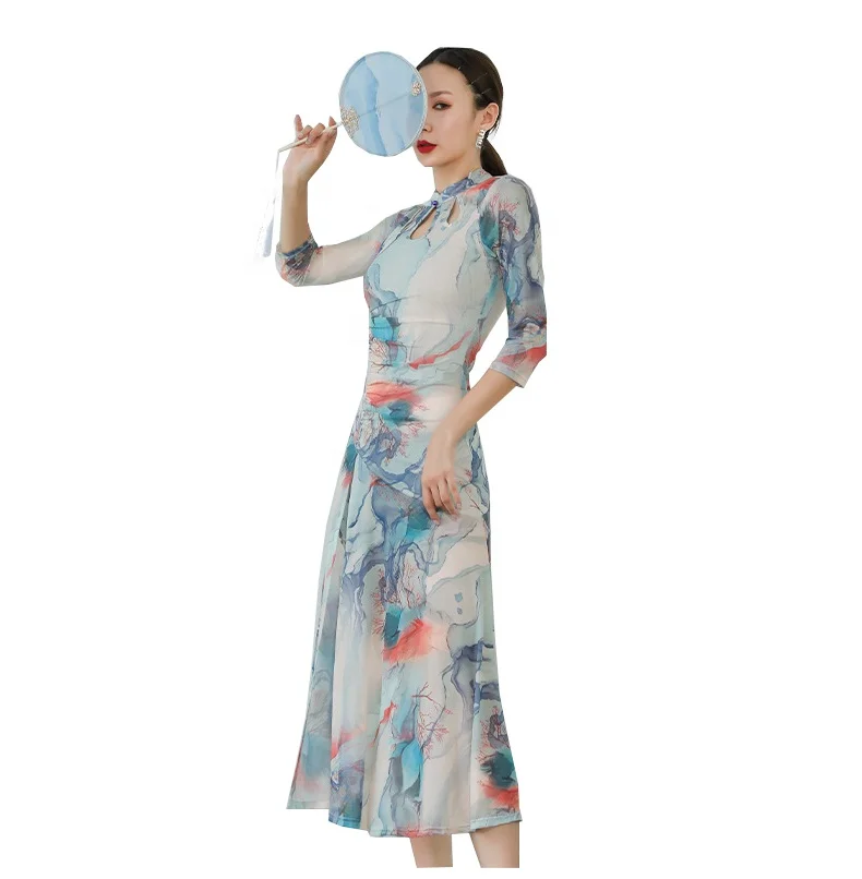 Wholesale New Chinoiserie colored ink wash high split Oriental belly dance performance cheongsam dress