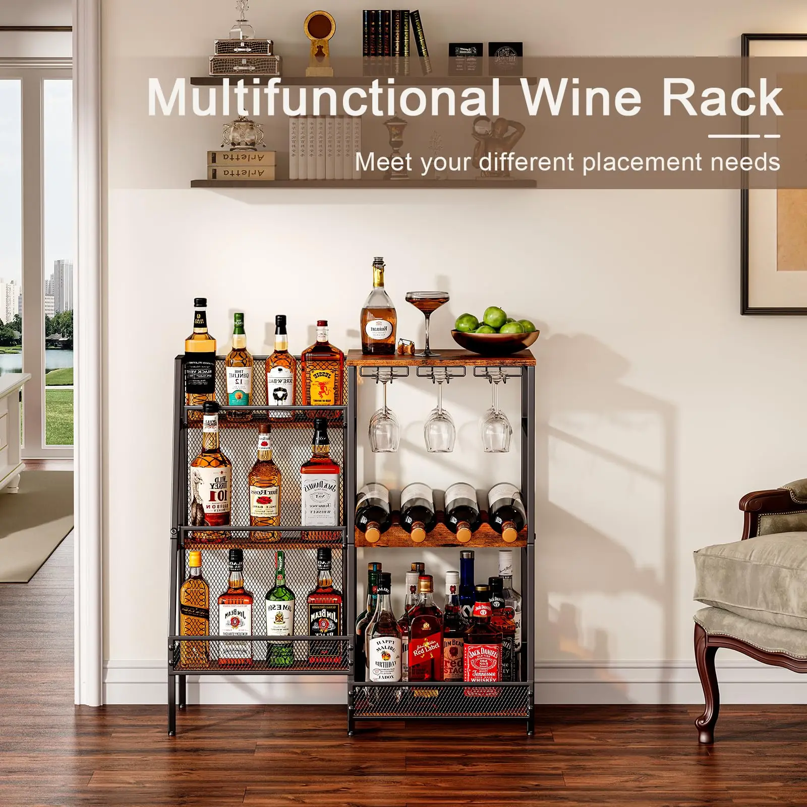 Home Bar Mini Bar Table 3-Tier Trapezoidal Liquor Bottle Display Shelf Freestanding Floor Wine Rack