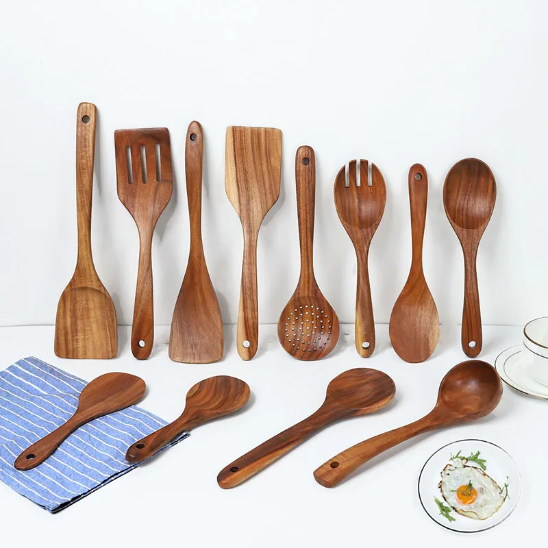Amazon Hot Selling Kitchen Acacia Wood Utensils Set Eco Friendly Cooking Tools skimmer Spoon Spatula Teak Wooden With Holder