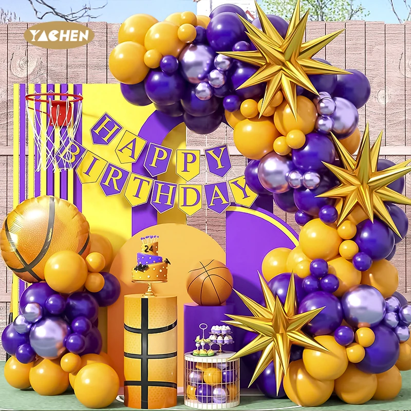 Yachen 95pcs foil basketball 4D explosion star yellow purple latex balloons garland kit for sports theme party decoration