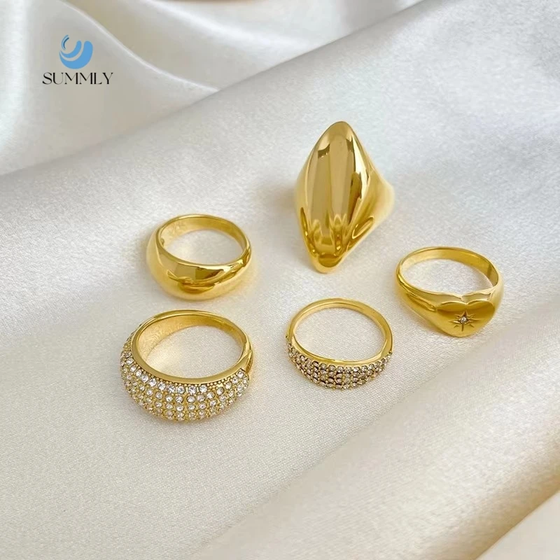 SUMMLY Vintage  Zircon 18K Gold Plated Stainless Steel Rings Fine Fashion Jewelry for Women