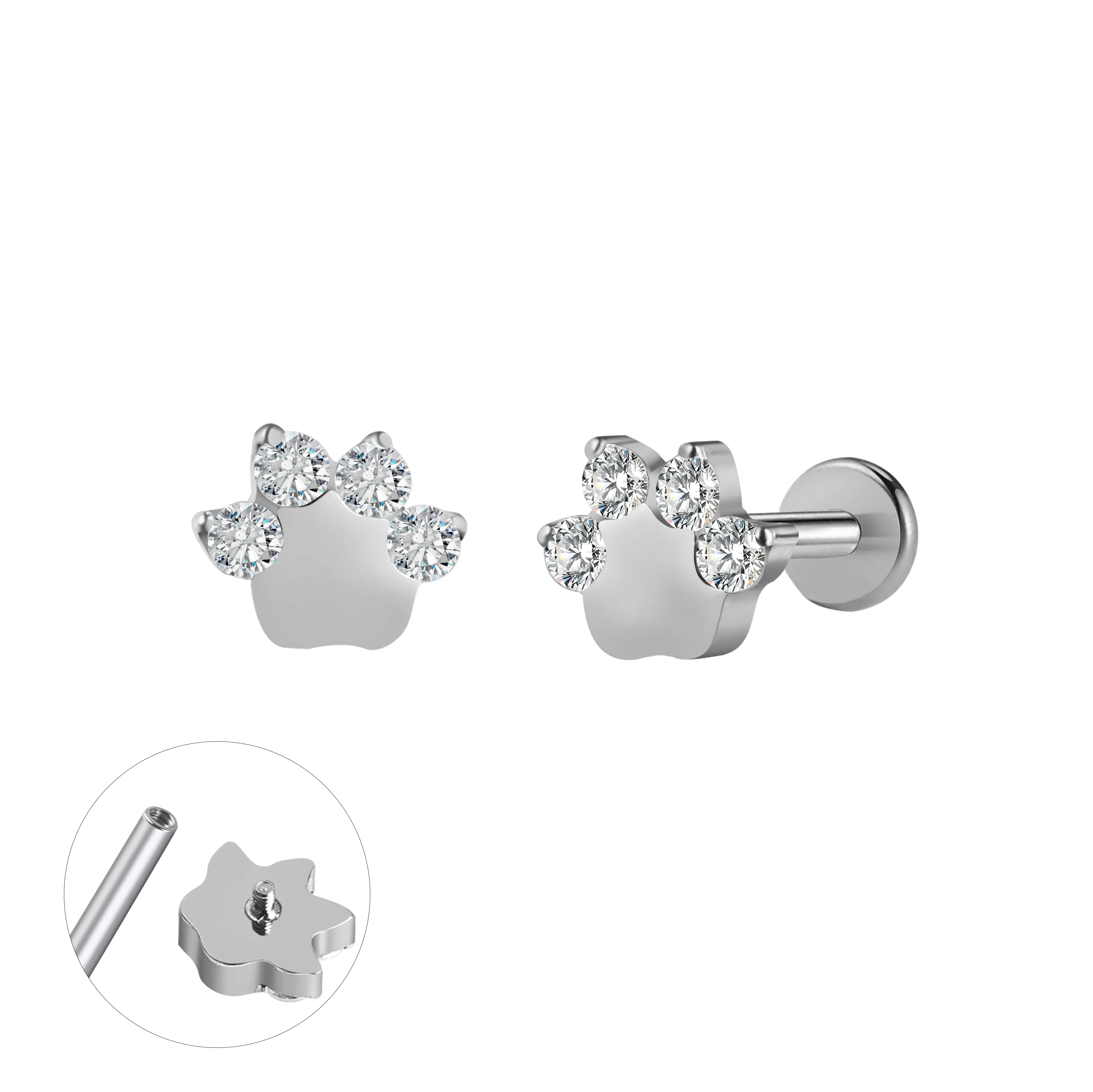 16 Gauge Astm F-136 Implant Grade G23 Titanium Labret Helix Piercing Internally Threaded Paw Top Cz Flat Back Stud