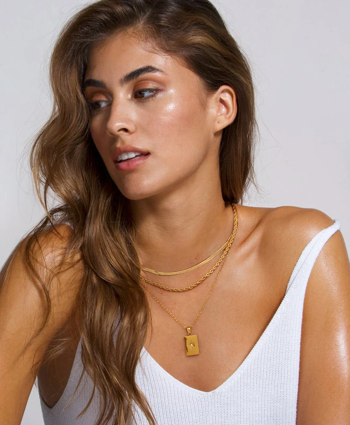 ERESI Fashion Jewelry Three Layered Chain Square Pendant Necklace Stainless Steel Paperclip Chain Zircon Star Necklace For Women