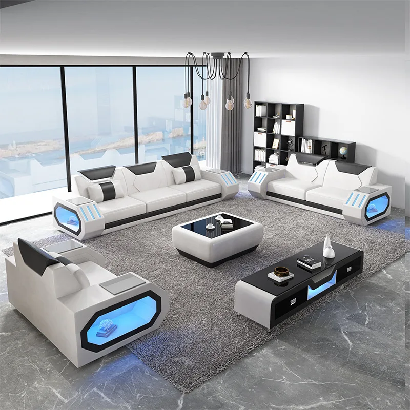 Luxury Italian Leather U-Shaped Sofa with Bluetooth Speaker and light