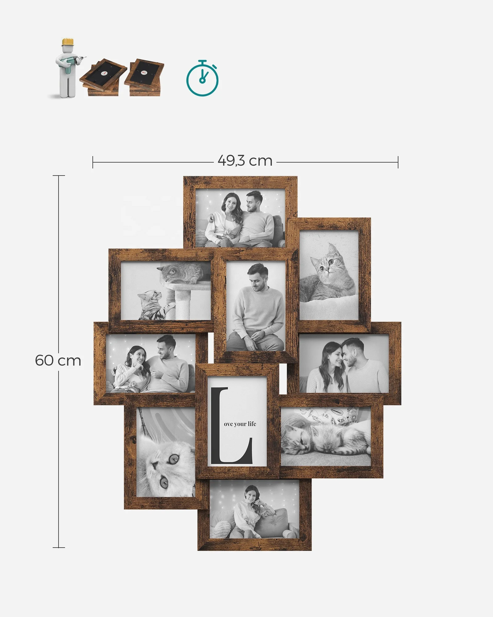 SONGMICS Wall Mounted Collage Picture Frames for 10 Photos in 10 x 15 cm Decorative Photo Frame