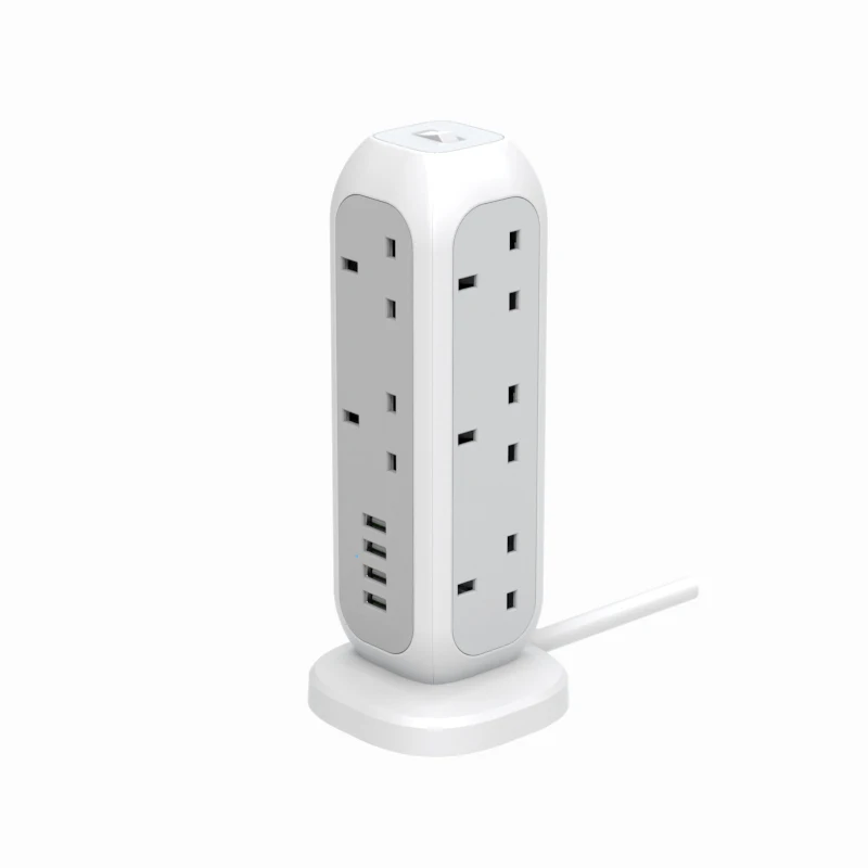 UK Power Strip Tower Extension Lead, Surge Protector Multi Plug Power Strip Switched Charging Station with 4 USB