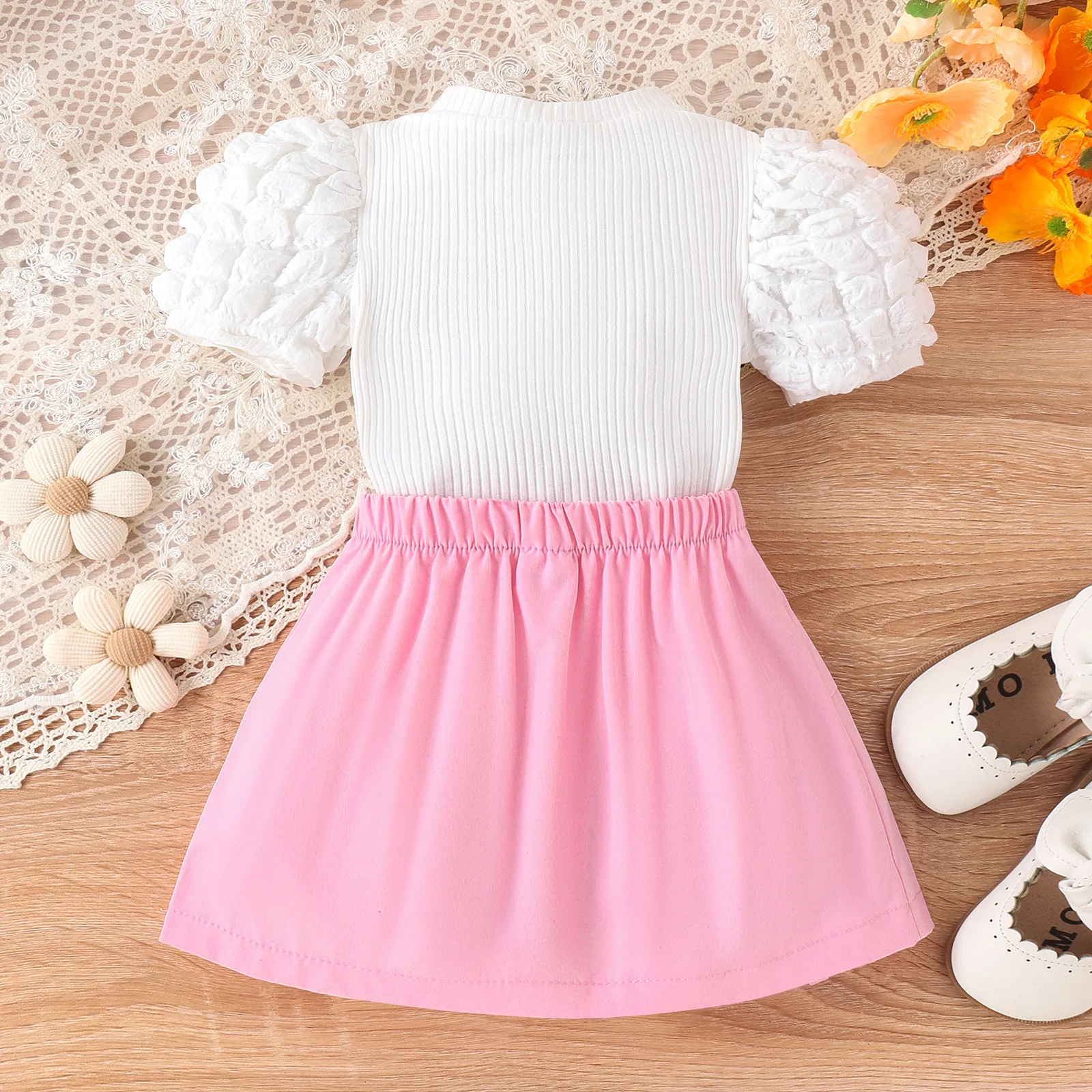 Sunny Baby 2024 Summer New Kids Clothing Bubble Sleeve White Top + Bow Solid Color Skirt Toddler Girls Two-piece Set