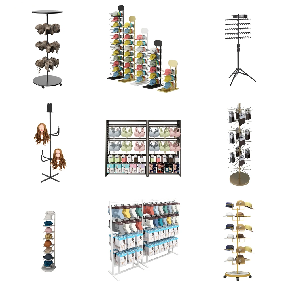 High Quality Retail Wood Metal Floor Standing Commercial rotating display stand Cap Hat Display Rack Stand For Retail Stores