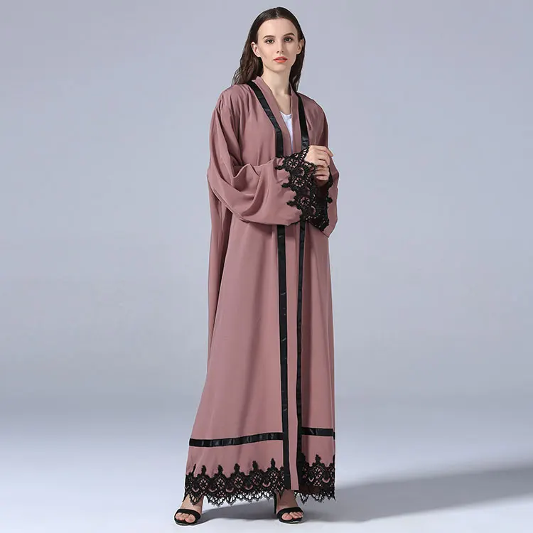 Wholesale islamic clothing kimono cardigan pink lace long dress muslim abaya front open dubai