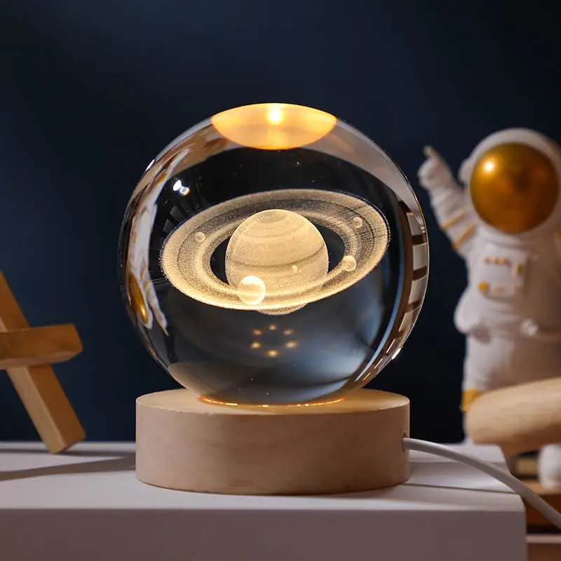 Honor of crystal Solar System Moon Nebula k5K9 crystal ball luminous Crystal 3d Ball Night Lamp with Wooden Led Night Light Base