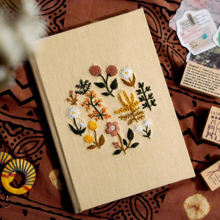 LABON Embroidered Handmade Custom Diary Daisy Fabric Linen Hard Cover Journal Personalized Notebook