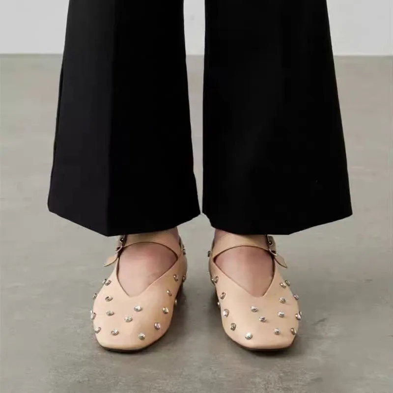 New design diamonds flats ballet casual leather buckle ankle strap shoes for women