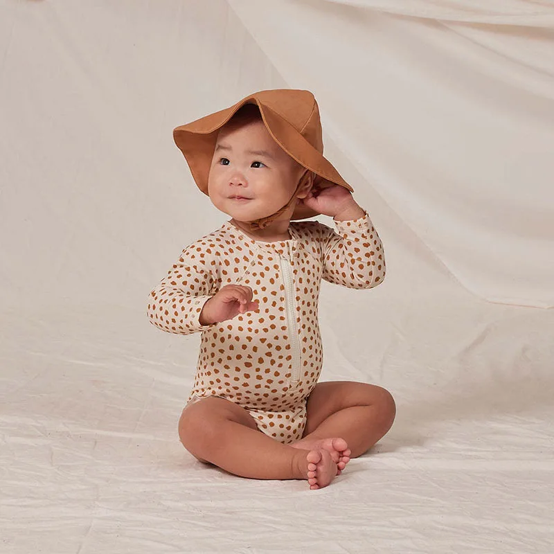 Long Sleeves Sun Protection Zip Front Adjust Up And Down Children Swimsuit With Hat Small Spots Leggy Look Bikini Girl Swimwear