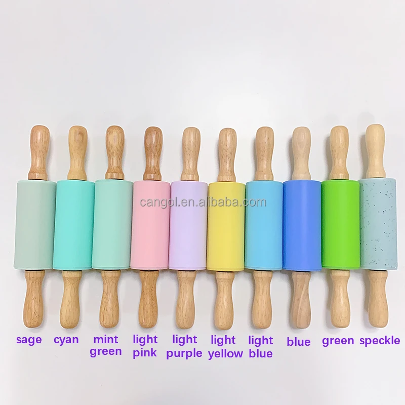 Custom Logo Wooden Handle Rolling Pins Non Stick Silicone Mini Rolling Pin Small Roller Playdough Rolling Pins For Kids