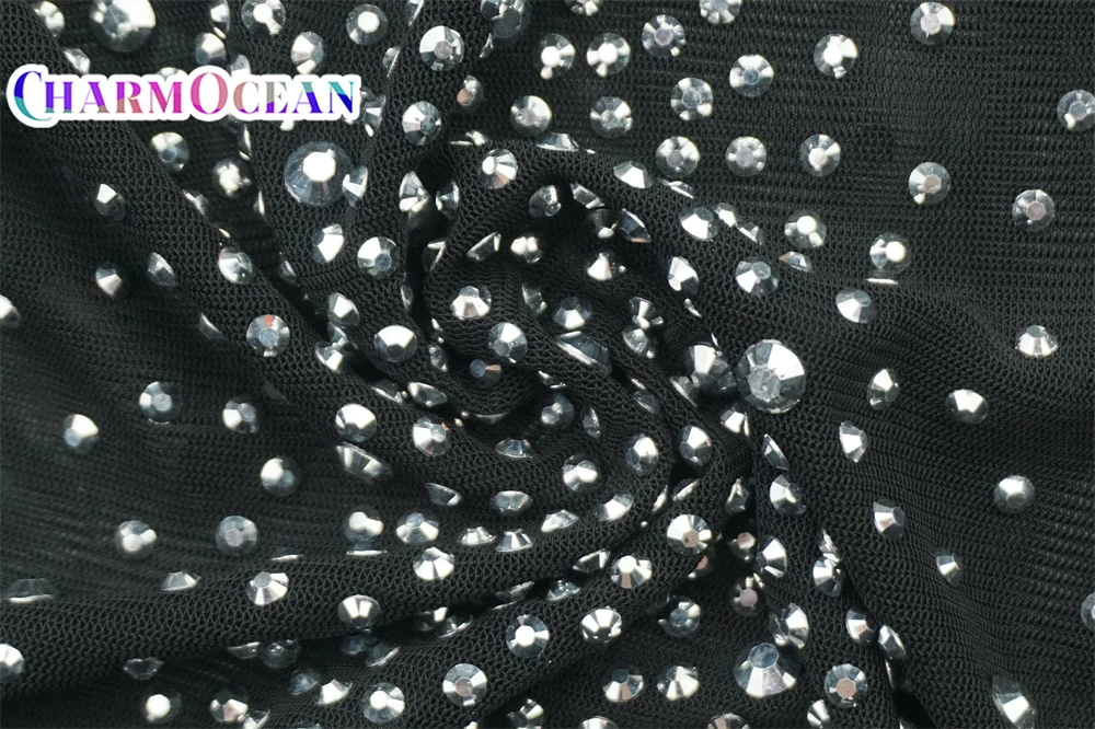 2022 R11126 - pants and crop top sexy rhinestones mesh see through transparent sheer long sleeve women outfits plus size