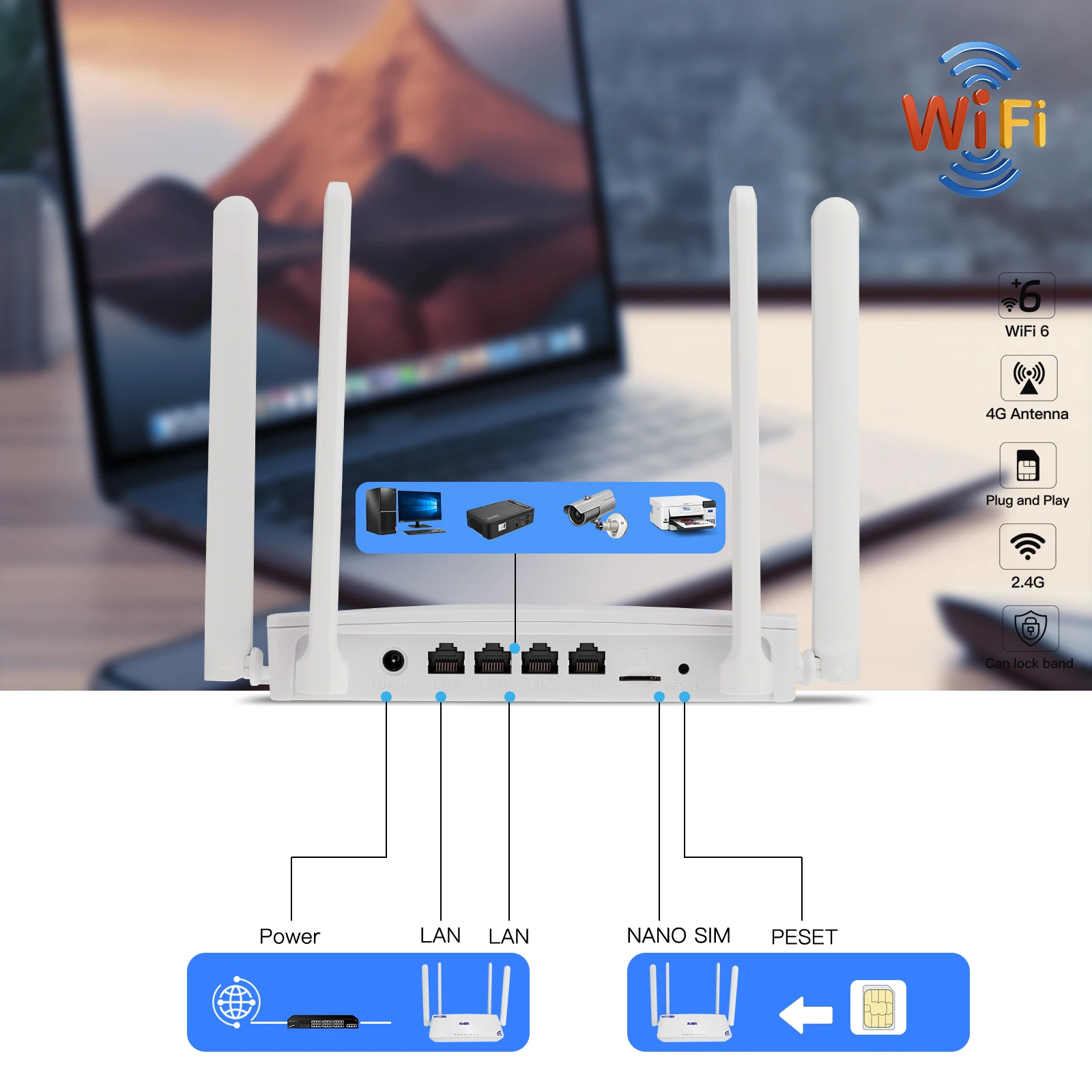 WiFi6 KuWFi 2.4G 4*100Mbps LAN WAN port router wireless 4g lock band home 4g lte wifi router with sim card slot