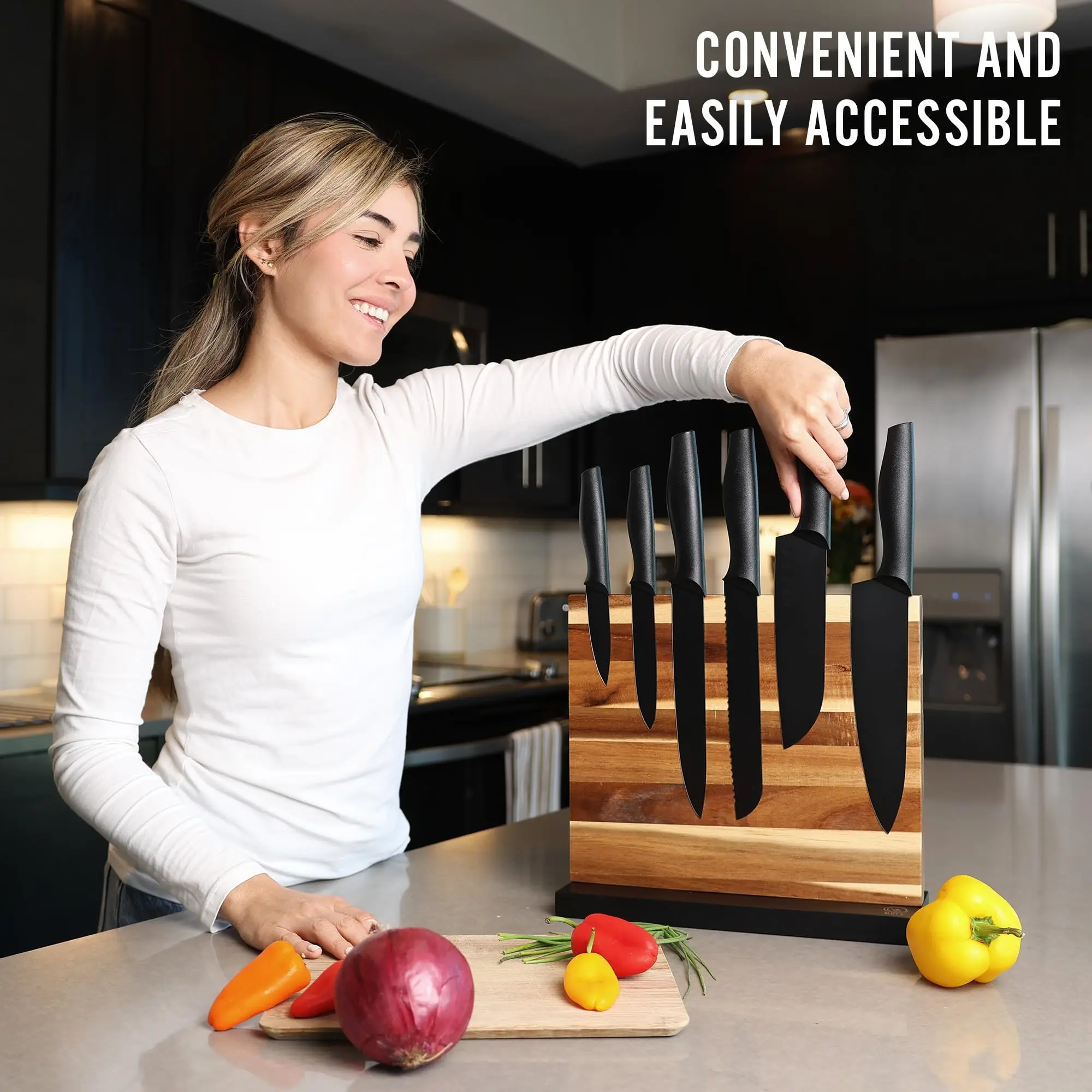 Double Side Acacia Wood Magnetic Knife Holder Bamboo Magnet Knife Storage Organizer Block Magnetic Universal Stands Rack