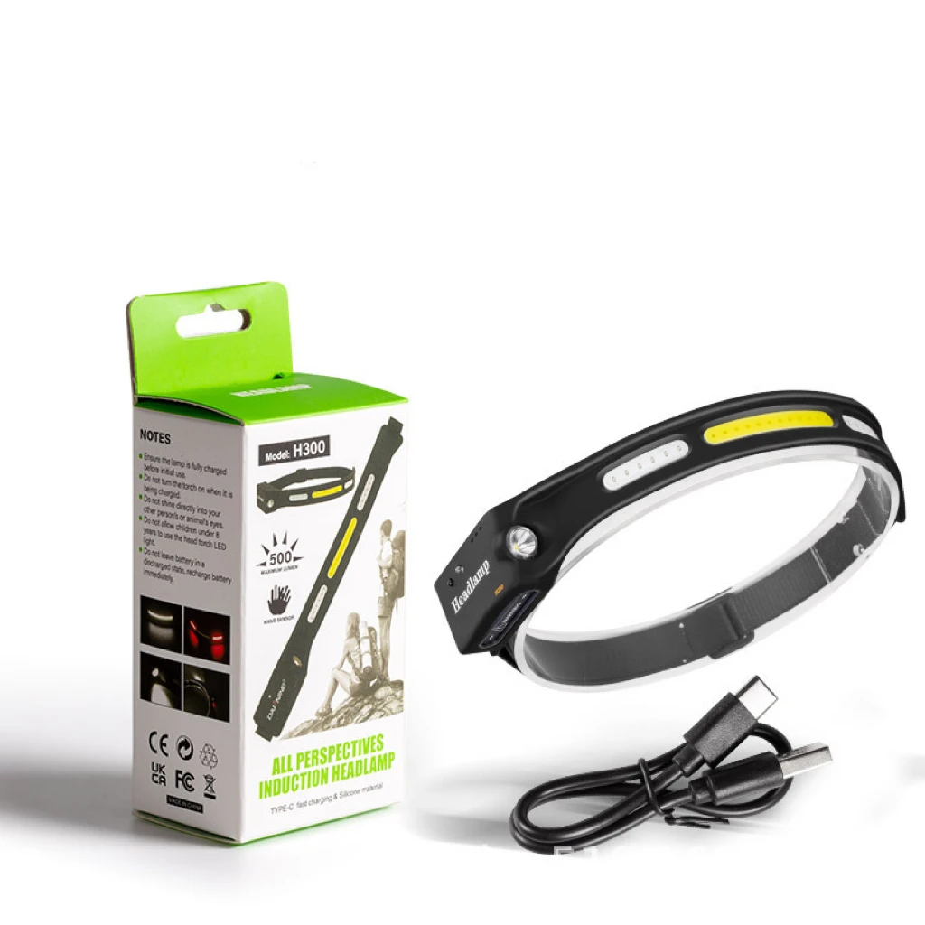 Full Vision Rechargeable COB Led Headlamp With Type C Waterproof Sensor Switch Camping Head Torch Emergency Hot LED Headlight
