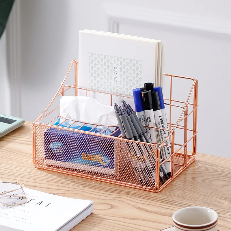 Nordic style metal wrought iron multifunctional living room office desktop tissue storage box cosmetic storage rack