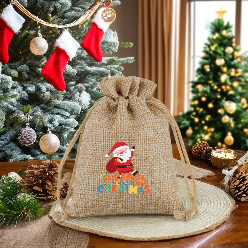 Custom Christmas Small Gift Bag Drawstring Blank DIY Pattern Holiday Party Gift Bag with Snowflake logo