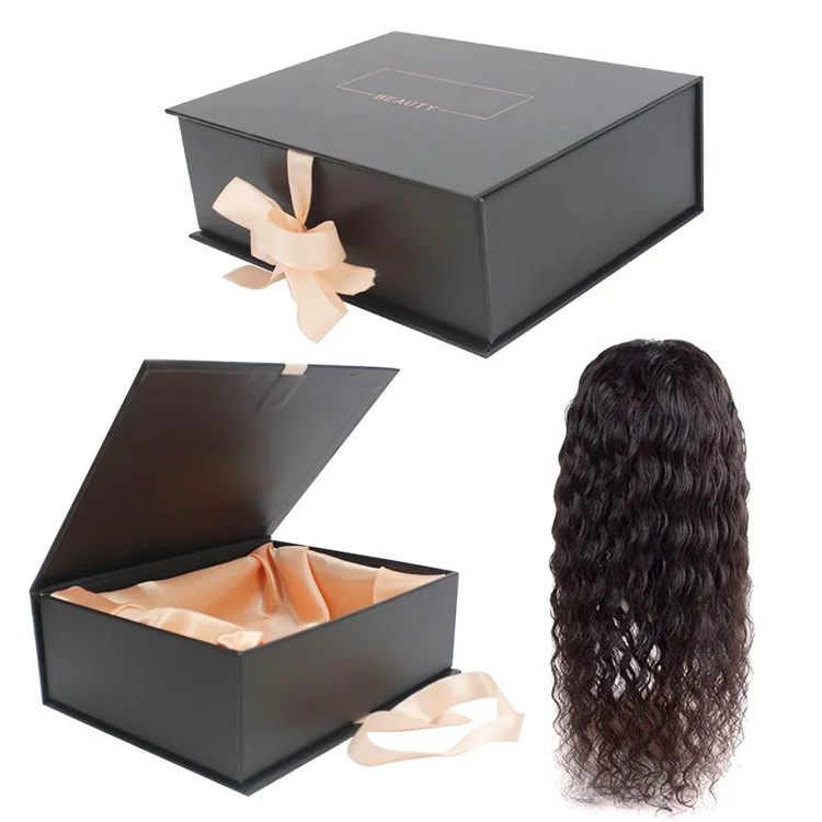 Custom Logo black Wig Packaging Box With Silk Satin Lined Luxury Magnetic Packaging Box For Hair Extension