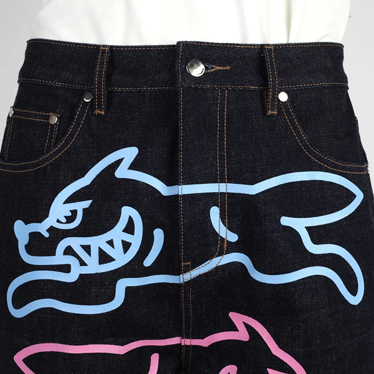 custom selvedge graphic denim jeans baggy straight fit leg black screen printed men jeans