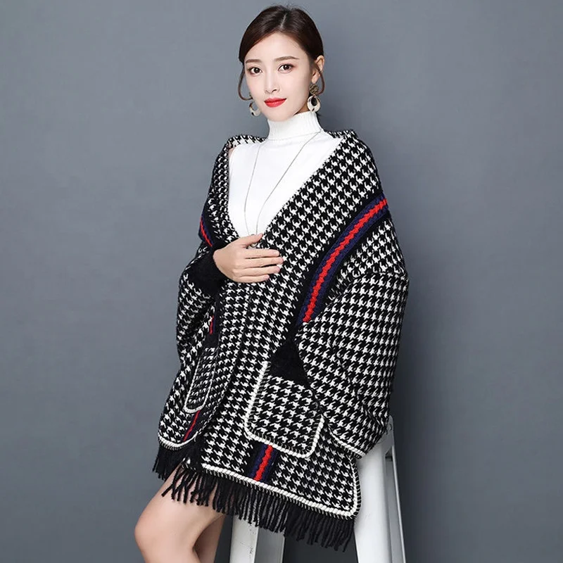 
Fashion Autumn and Winter Mink Cape Shawl Wth Sleeves Houndstooth Striped Cloak Stoles And Shawls Women 