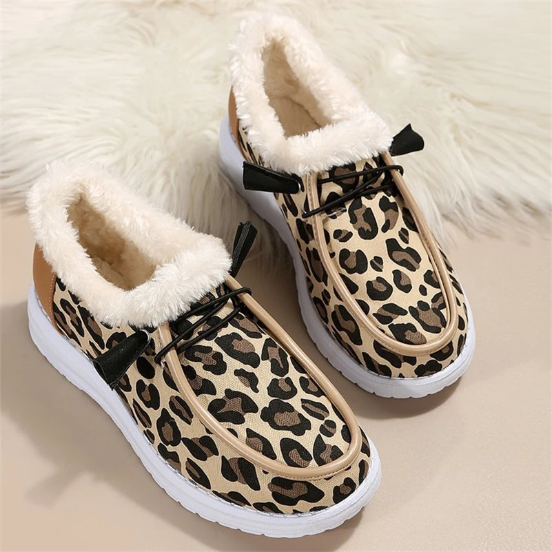 New Fashion Leopard Women Plimsolls Snow Boots Outdoor Plush Casual Shoes Canvas Sneakers Comfortable Cotton Shoes Loafers