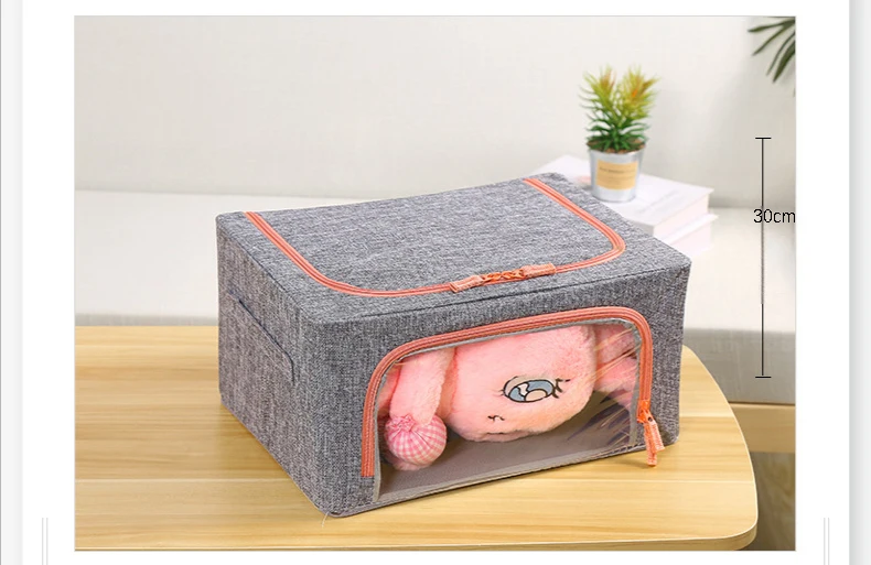 KUYUE Linen Clothes Storage Bags Frame Storage Bin Boxes Foldable Clothing Organizer Fabric Collapsible Clear Window Metal 1.16