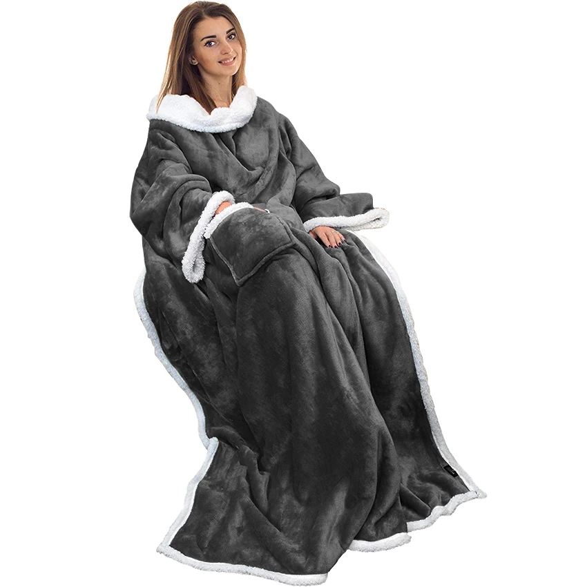 Warm and thick sherpa cheap fleece wearable TV blanket with sleeves and pockets 100%Polyester