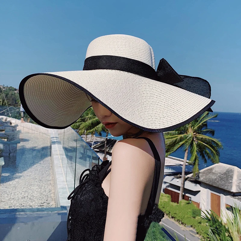 Visor Large Brim Straw Hat Female Summer Sun Protection Sunshade Hat Travel Holiday Beach Women Big Size Floppy Hat