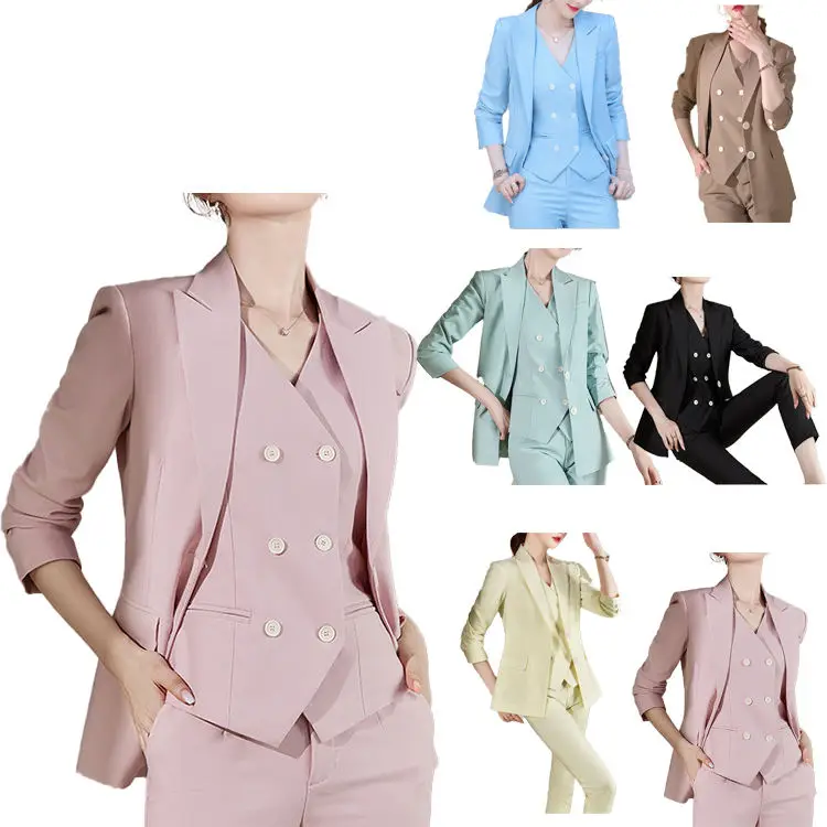 Three Piece Slim Fit Business Office Wedding Party Wear Tailor Made Pink Woman Suits Office Women Blazer Set