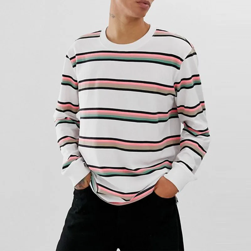 
Wholesale Strips 100% cotton knitted mens casual wear long sleeves tshirt plus size hip hop t-shirt men 