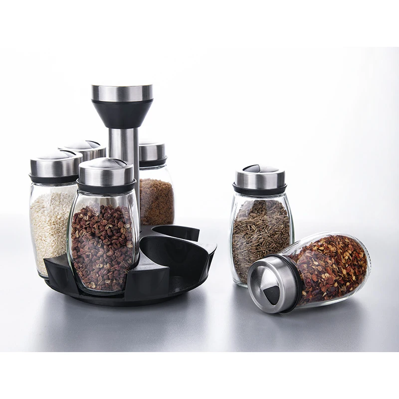 Round Glass Spice Jar Carousel Rotatable Set Spice Rack RotatingTransparent Portable Spice Bottles with Stainless Steel Lid