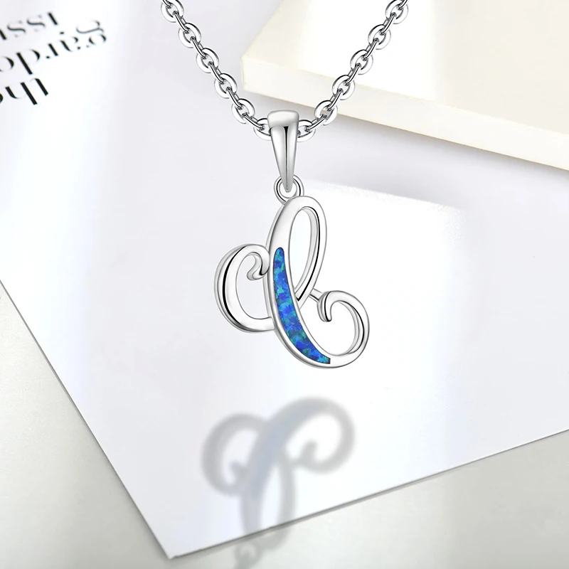 925 Silver Custom Alphabetic Necklace Blue Opal Letter Initial L X A-Z Necklace Fine Jewelry