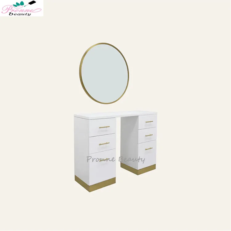 modern hair salon furniture wall mounted white&gold barber&styling station with mirror