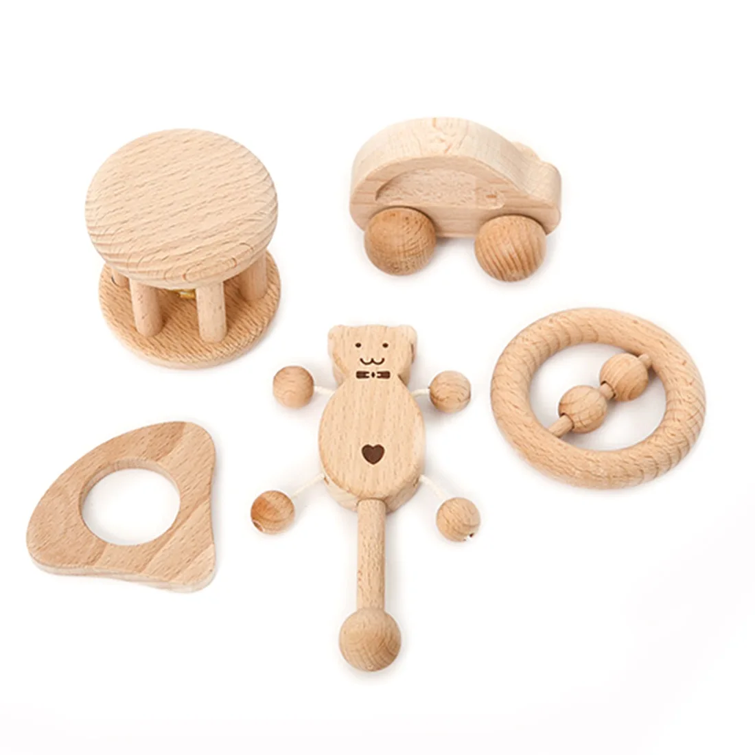 Baby 5Pcs Beech Car Shape Cartoon Wood Teething Handle Set Wooden Ring Rattle Theether Rattle Toys Infant