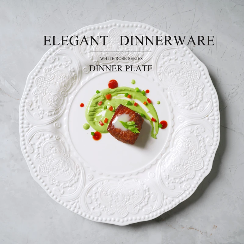 Hot Selling Baroque White Plate Ceramic Embossed Design Porcelain Tableware