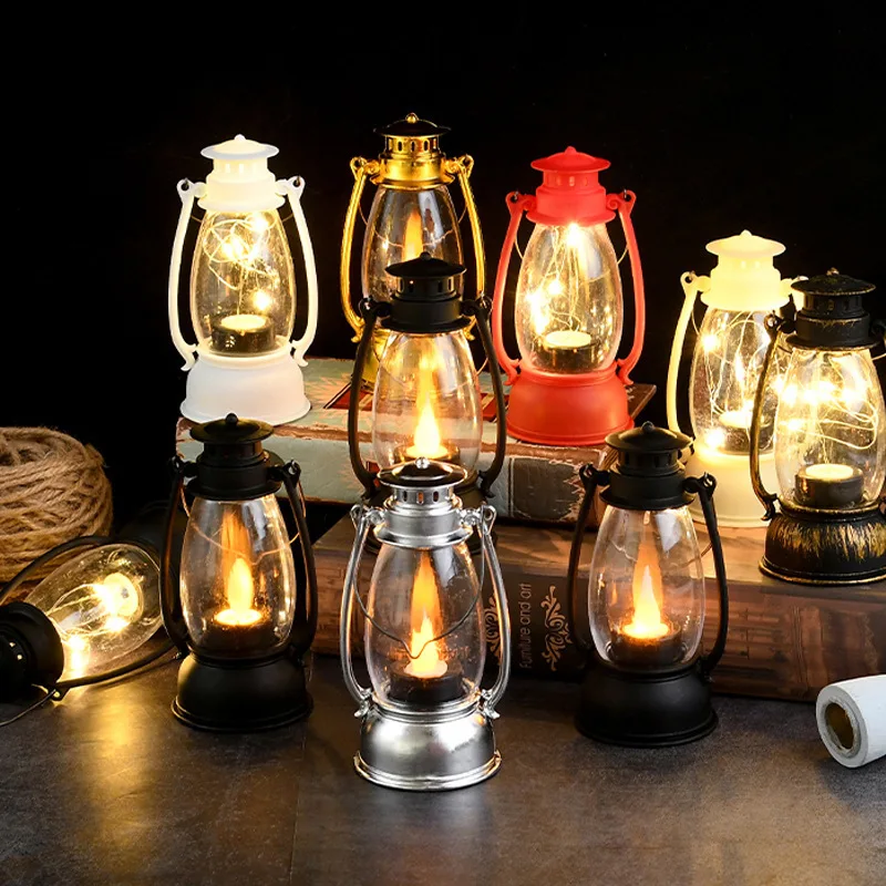 Portable LED Light Candle Pony Lantern Hanging Oil Lamps Outdoor Retro Lanterns Halloween Christmas Decoration