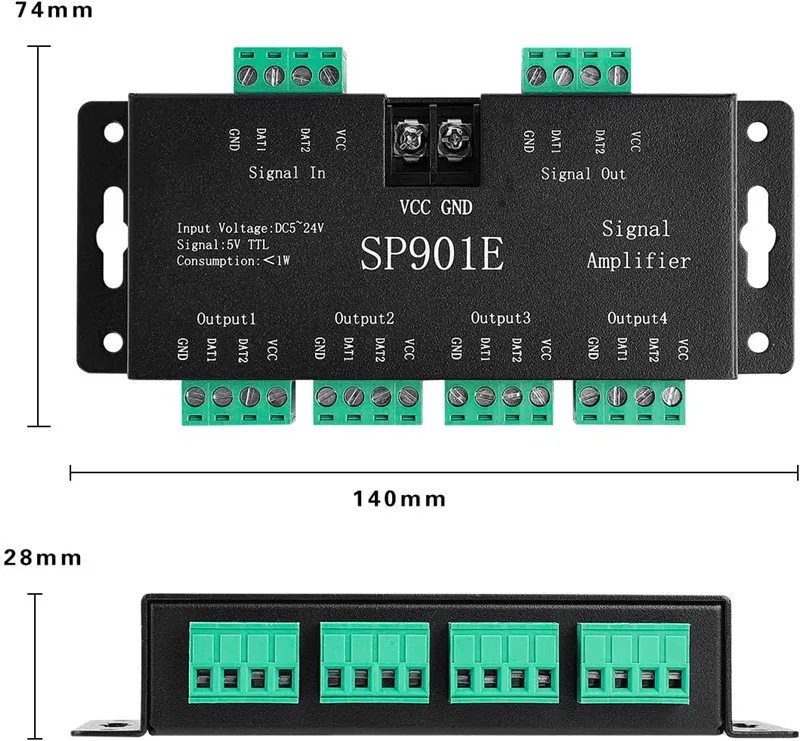 SP901E WS2812B WS2811 WS2813 SK6812 WS2815 WS2801 SK9822 RGB Addressable LED Pixel Strip Matrix Panel SPI Signal Amplifier