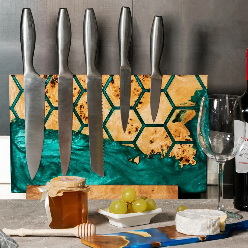 Premium wooden home kitchen strong magnetic knife block knife holder epoxy decorative with cutting board in set