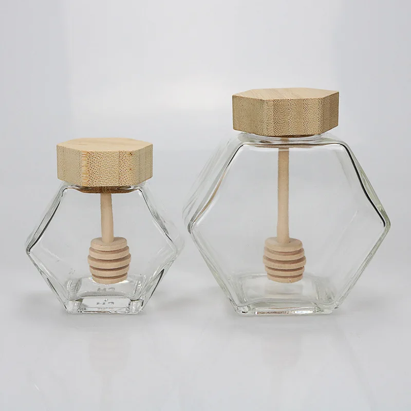 Wholesale 100ml 220ml 380ml Unique Hexagonal Glass Bottle Jar  For Honey with Wooden Lids and Dipper