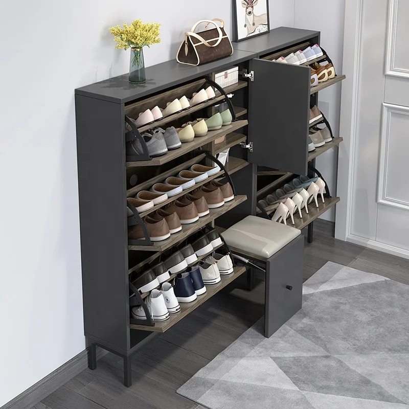 Adjustable shelf closed shoe rack slim bucket shoe cabinet with hidden shoe changing stool