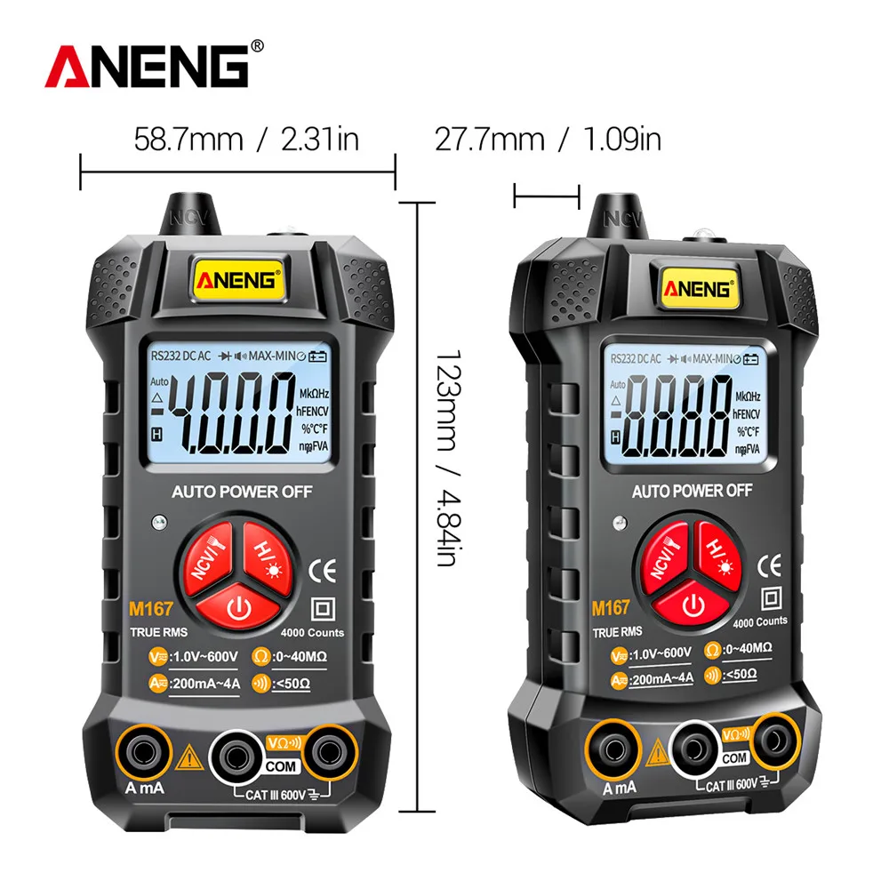 ANENG M167 Digital Mini Multimeter Tester Auto Multimetro True Rms Tranistor Meter with NCV Data Hold 4000counts Flashlight