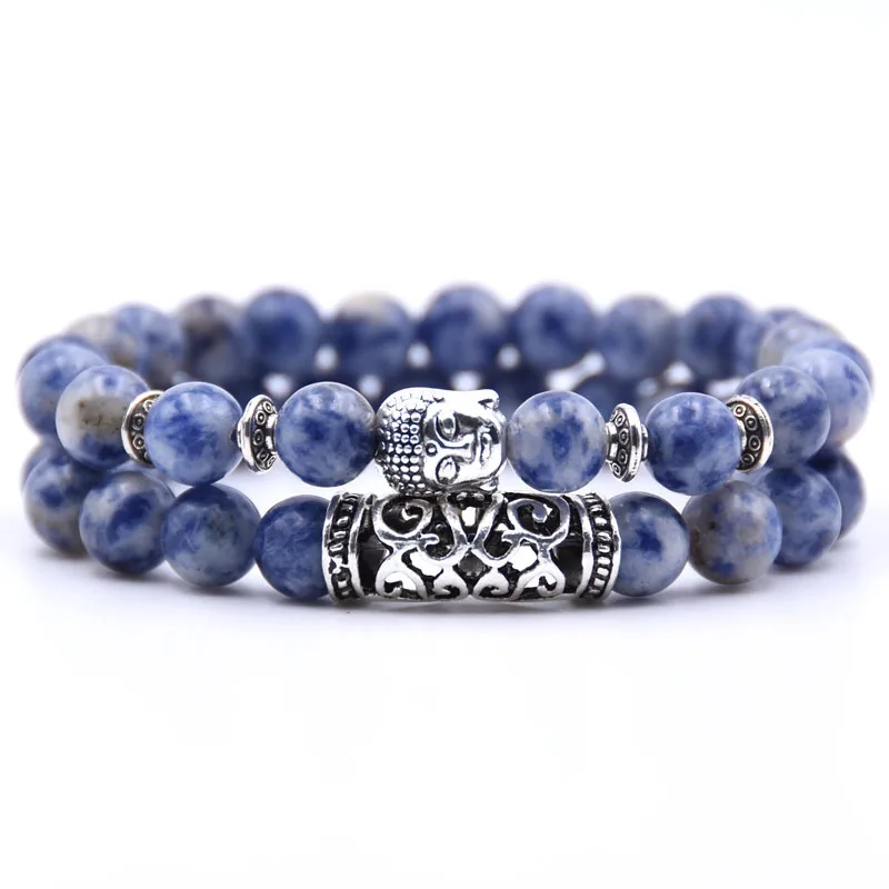 8mm Mixed Natural Gemstone Silver Simple Buddha Head Friendship Buddhism Bracelets Bead Bracelet Set for Women Men