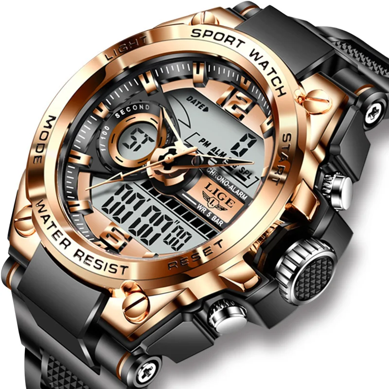 LIGE 8922 Men Watch Digital 50m Waterproof Wristwatch LED Quartz Clock Sport Watch Male Big Watches Men Relogio Masculino